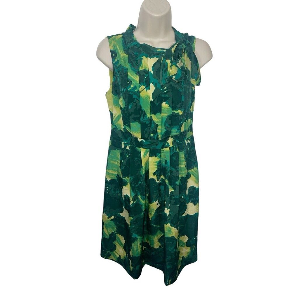 MERONA Women's Size 4 Pleated Dress with Front Neck Tie Green Floral Lined